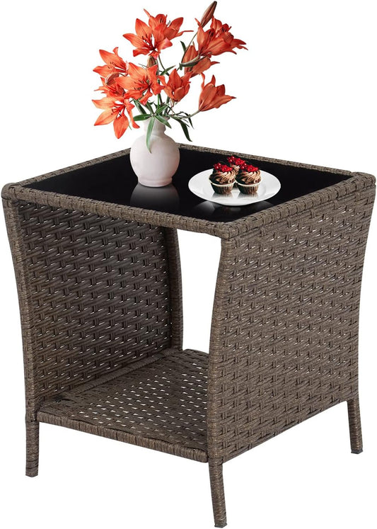 Outdoor Side Table Wicker Rattan End Table for Patio Use