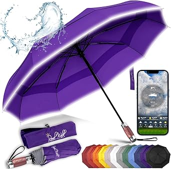 Royal Walk Windproof Folding Travel Umbrella with Wood Handle