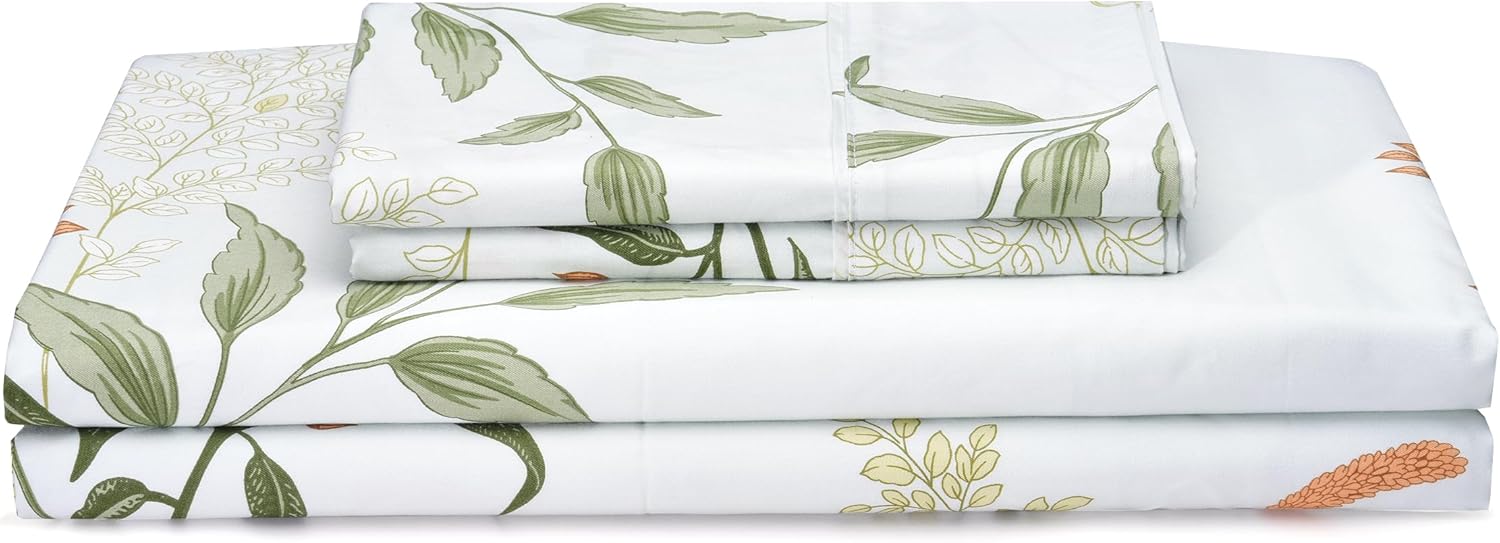 Botanical Cotton Sheets Set Full Size - Mint Green Floral Design