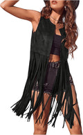 Women's Fringe Vest Sleeveless 70s Hippie Faux Suede Tassel Vest Shoes