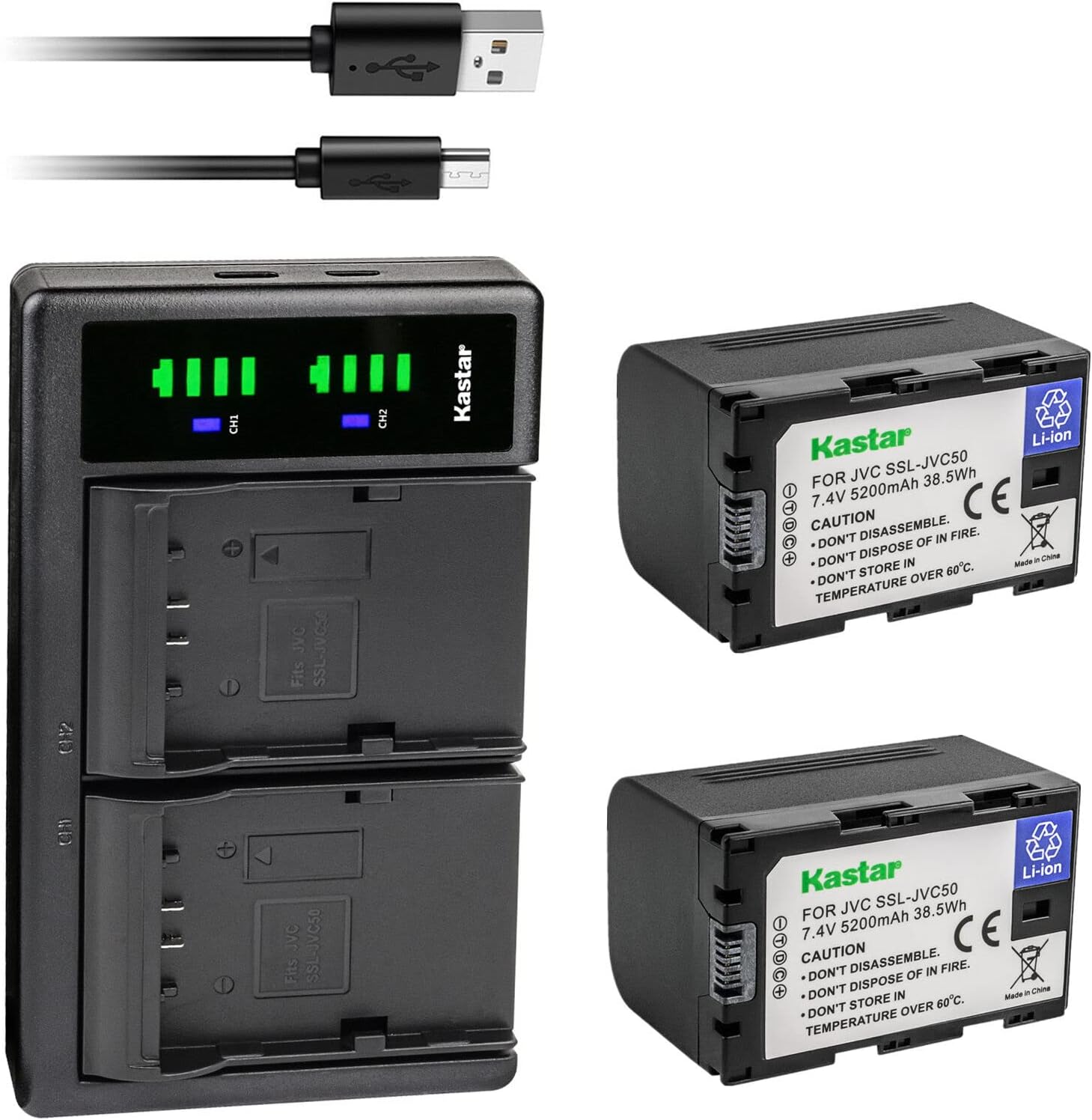 Kastar 2-Pack Battery and USB Charger for JVC SSL-JVC50 Series