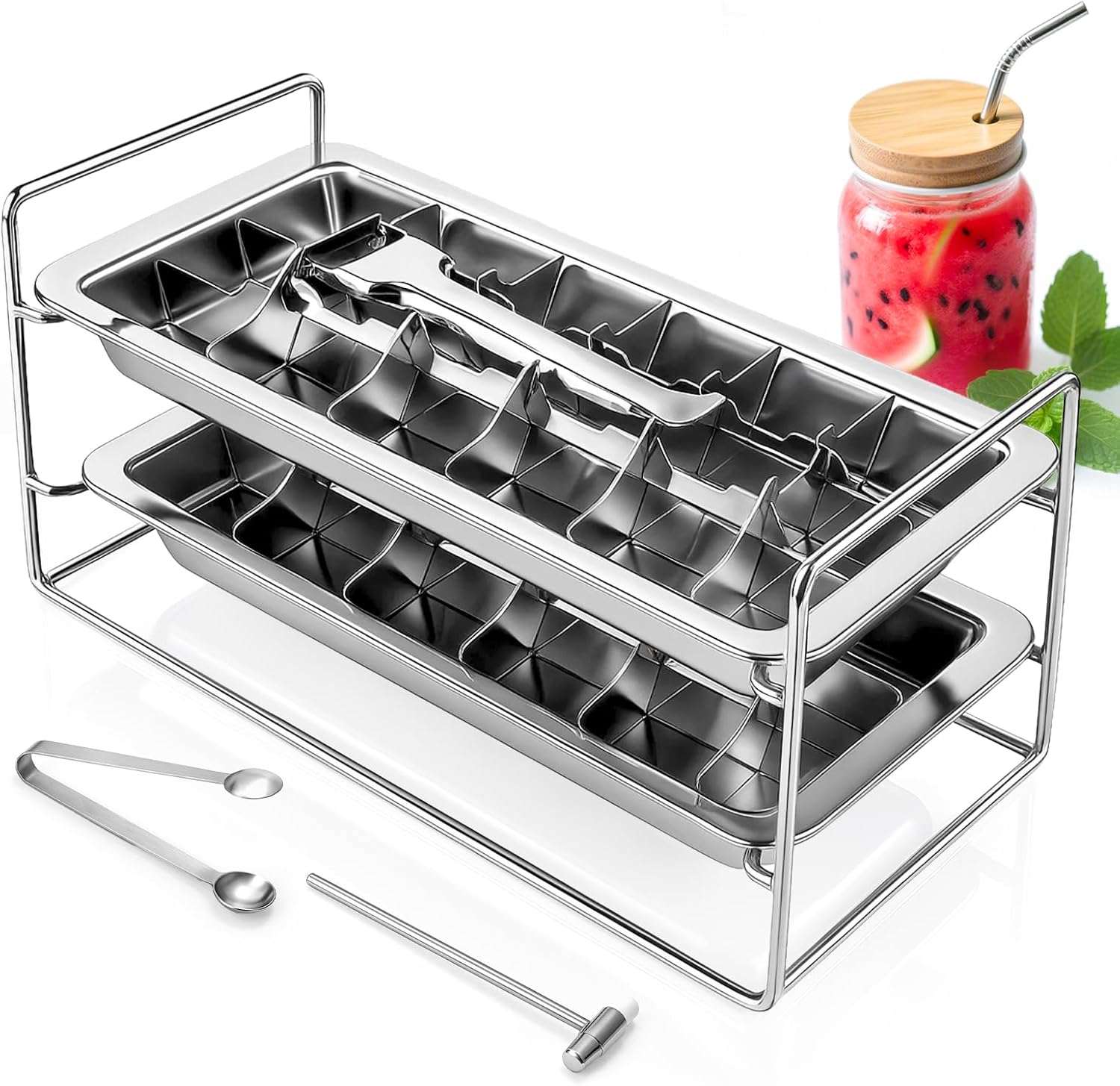 Stainless Steel Ice Cube Trays with Lever for Kitchen & Bar