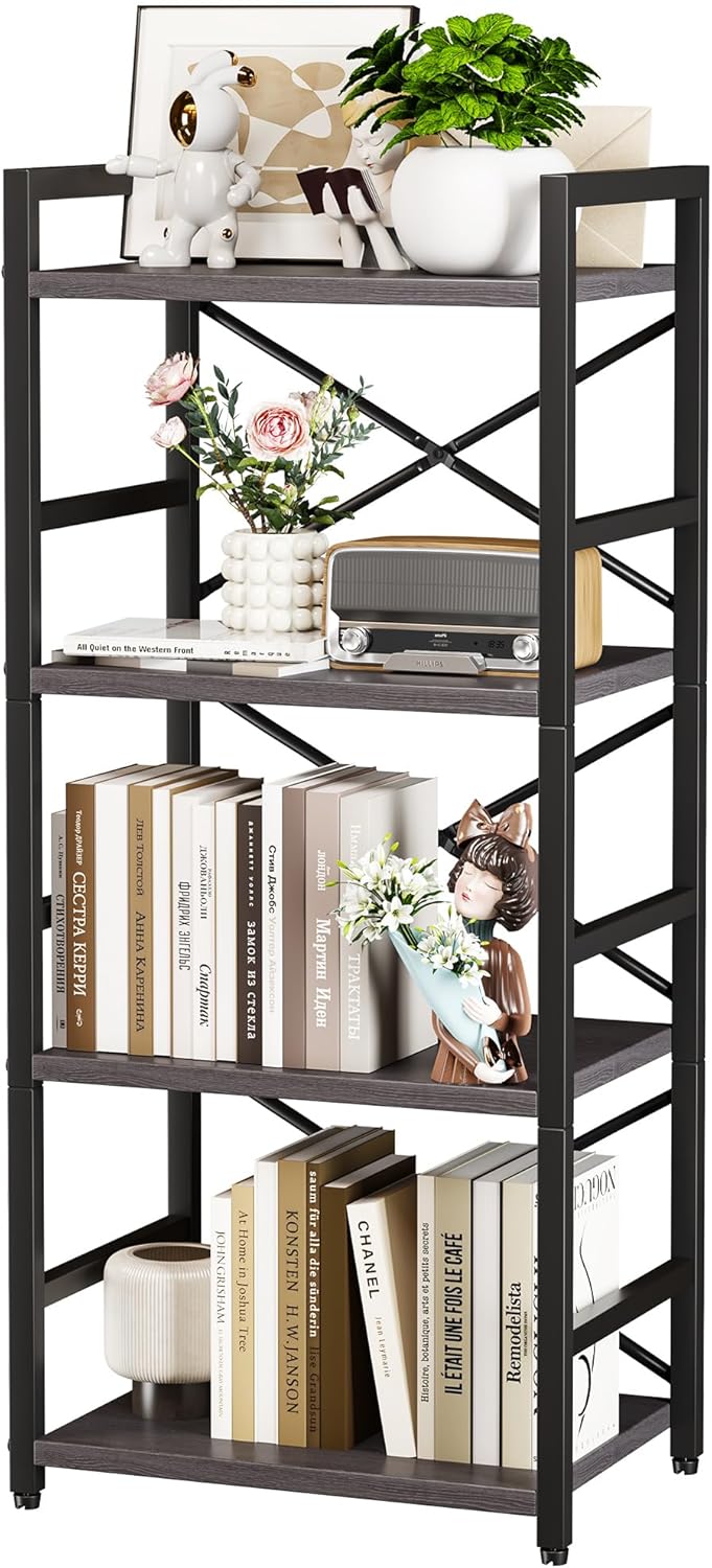 Homeiju Grey Bookshelf - 4 Tier Small Bookcase for Storage