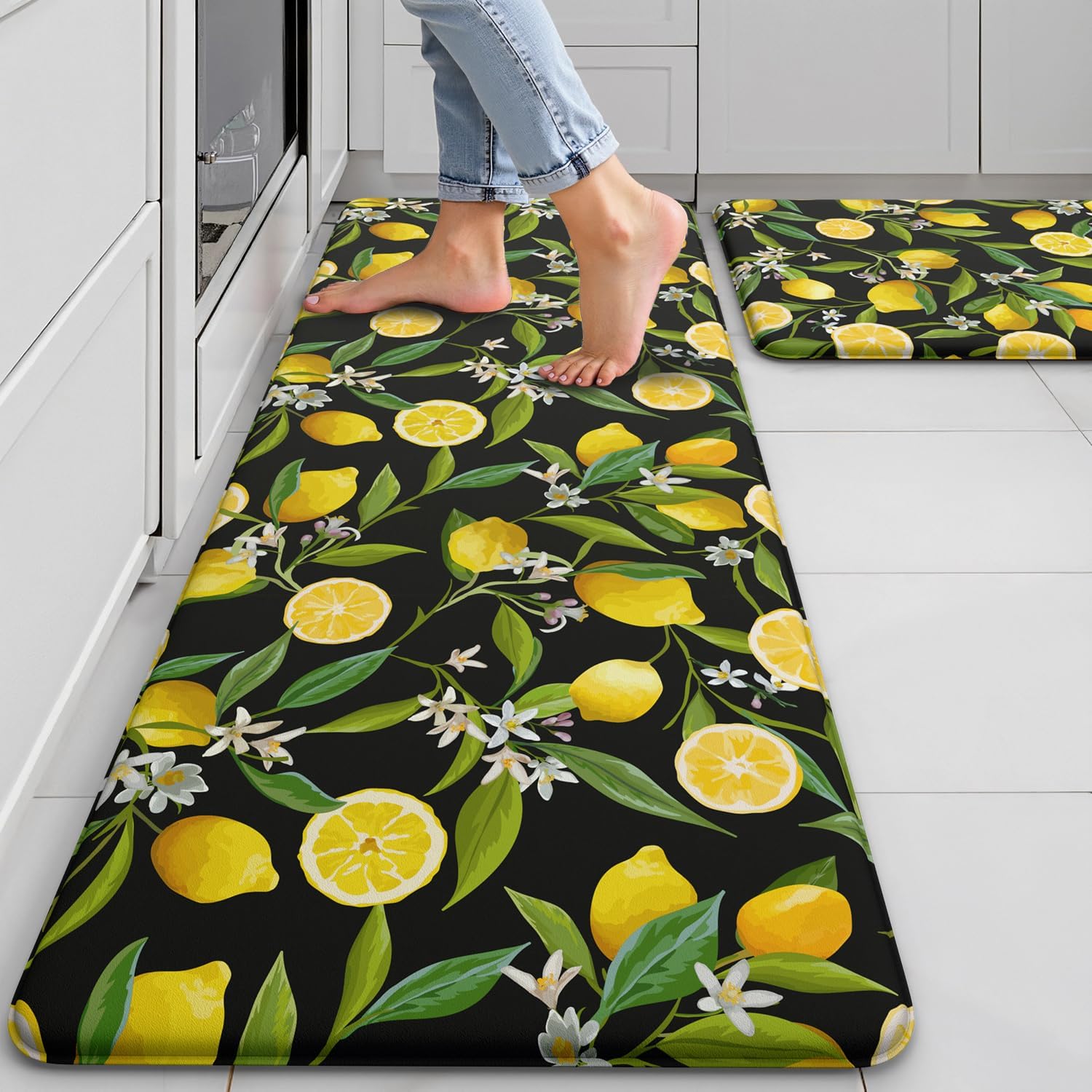Lemon Kitchen Mats for Floor Set of 2 - Anti Fatigue Cushioned