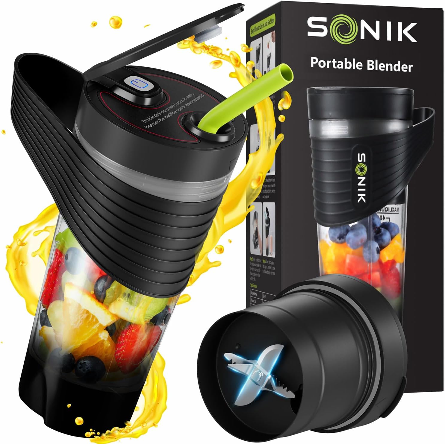 Sonik Portable Blender: Powerful 6-Blade Smoothies, 16 OZ, USB Rechargeable