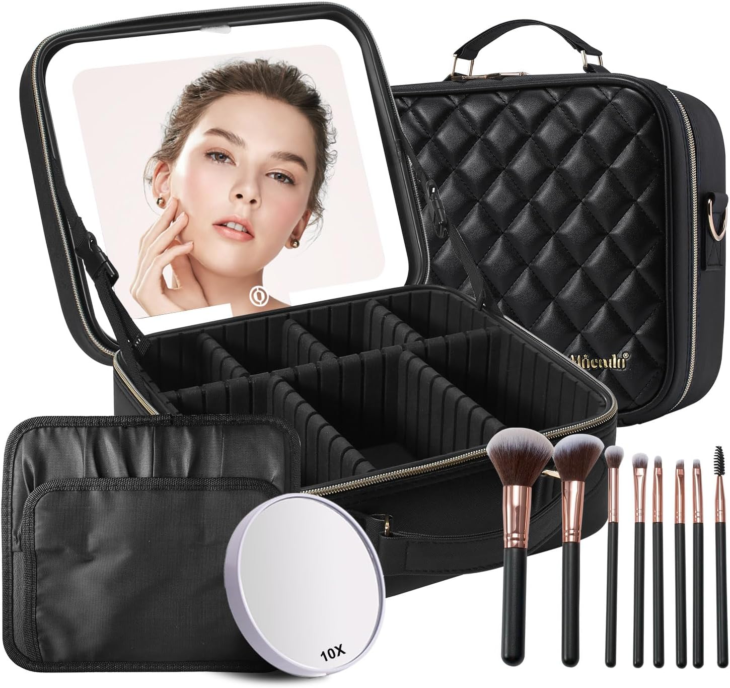Mocado Travel Makeup Bag with LED Lighted Mirror and Brushes
