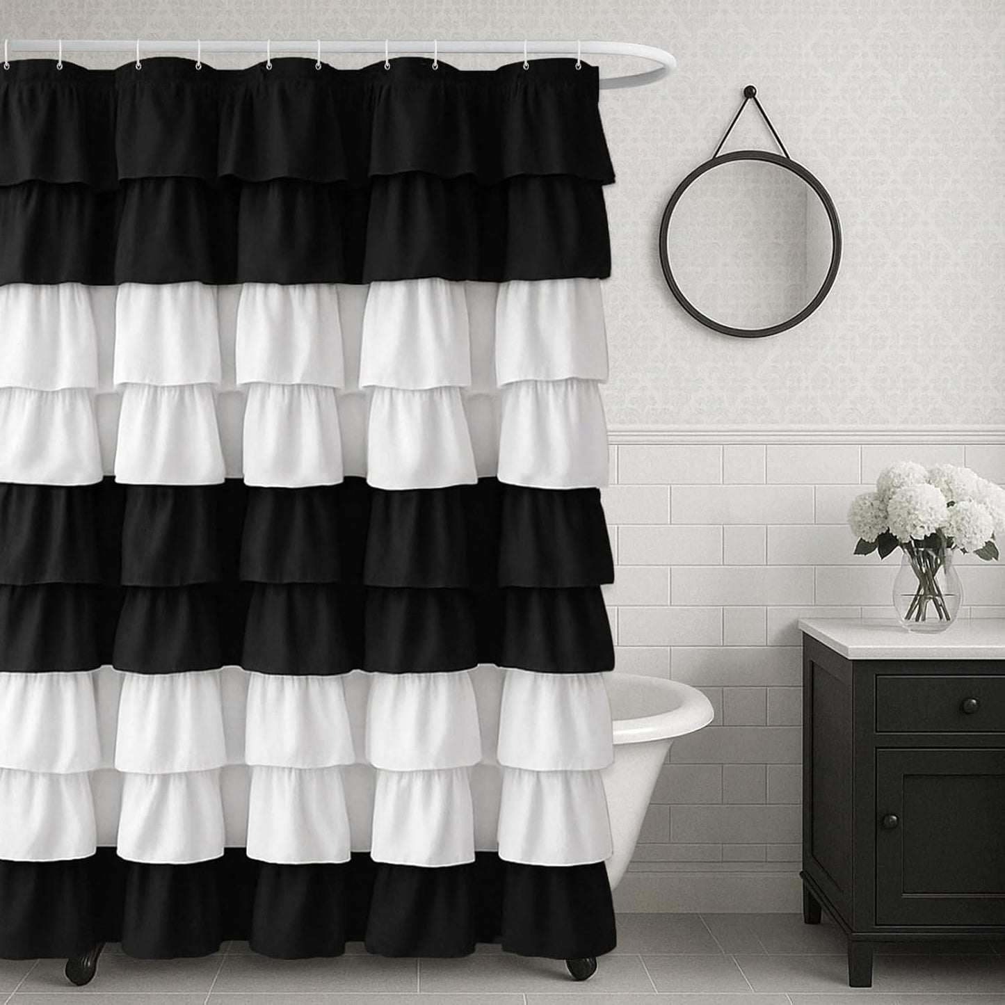 Ruffle Shower Curtain Black and White Vintage Farmhouse Style
