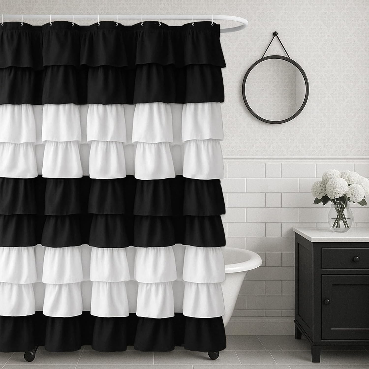 Ruffle Shower Curtain Black and White Vintage Farmhouse Style