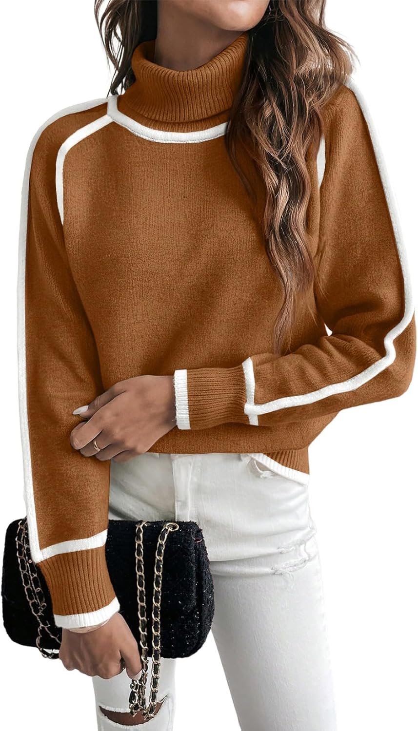 EVALESS Fall Sweaters for Women Cozy Turtleneck Colorblock Style