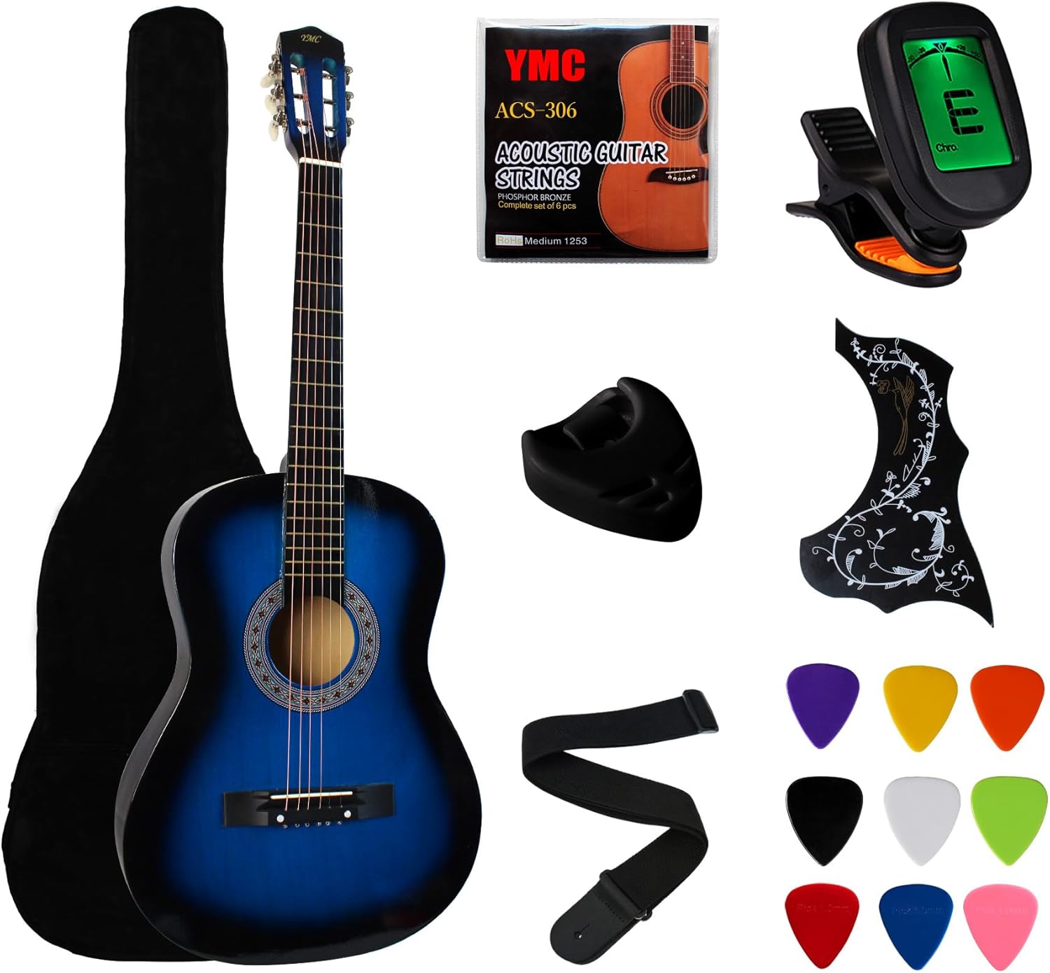 YMC 38 Blue Acoustic Guitar Starter Kit - Everything You Need to Strum & Play