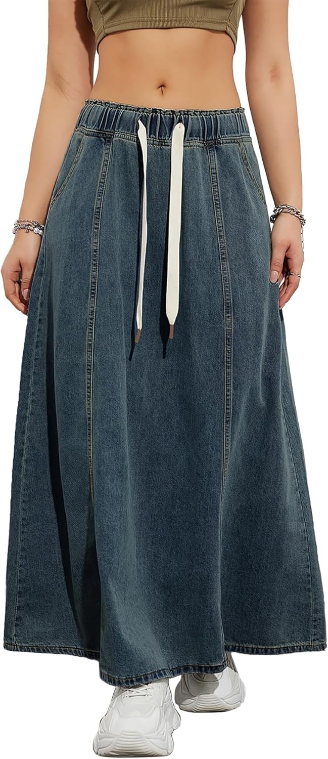 Womens Denim Skirt Casual High Waist A Line Long Maxi Flare