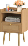 Nightstand Rattan with Charging Station - Mid Century Bed Side Table
