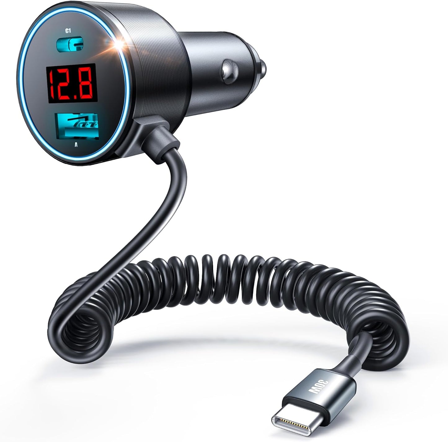 Ultra-Fast 75W USB C Car Charger with Coiled Cable