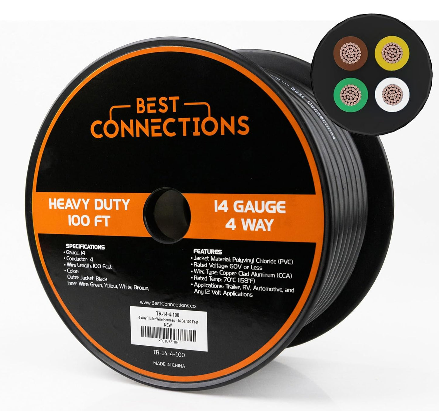 4 Way Trailer Wire by BEST CONNECTIONS - Heavy Duty 14 Gauge