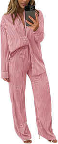 PRETTYGARDEN Women's 2 Piece Fall Set - Textured Button Down & Wide Is