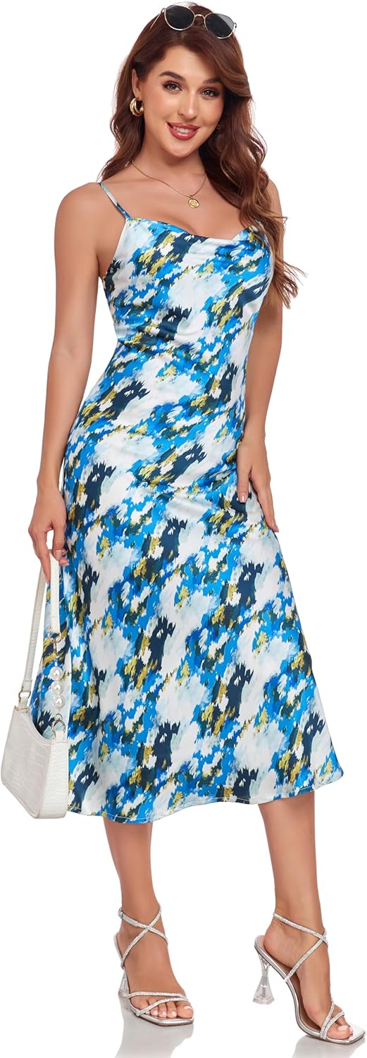 Women's Spaghetti Strap Midi Satin Silk Dress for Parties