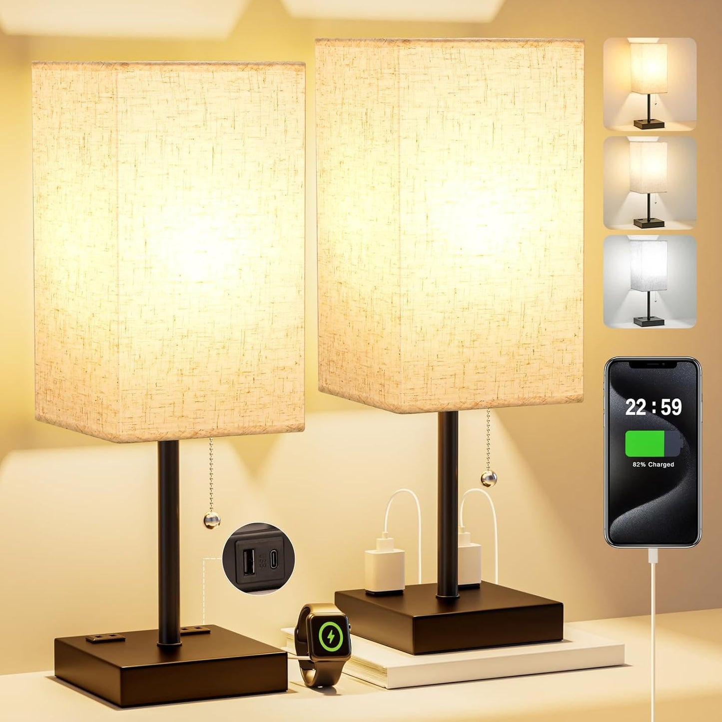 Table Lamps for Bedroom Set of 2 with USB and AC Outlets