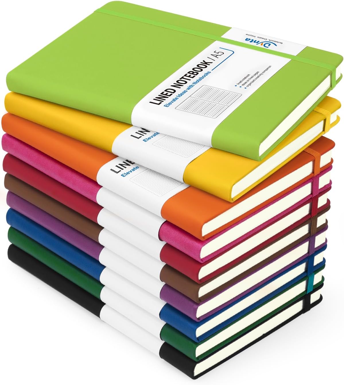 Dynta 10-Pack A5 Lined Journals: 200 Pages, 10 Colors, Ideal for Work/Travel/College