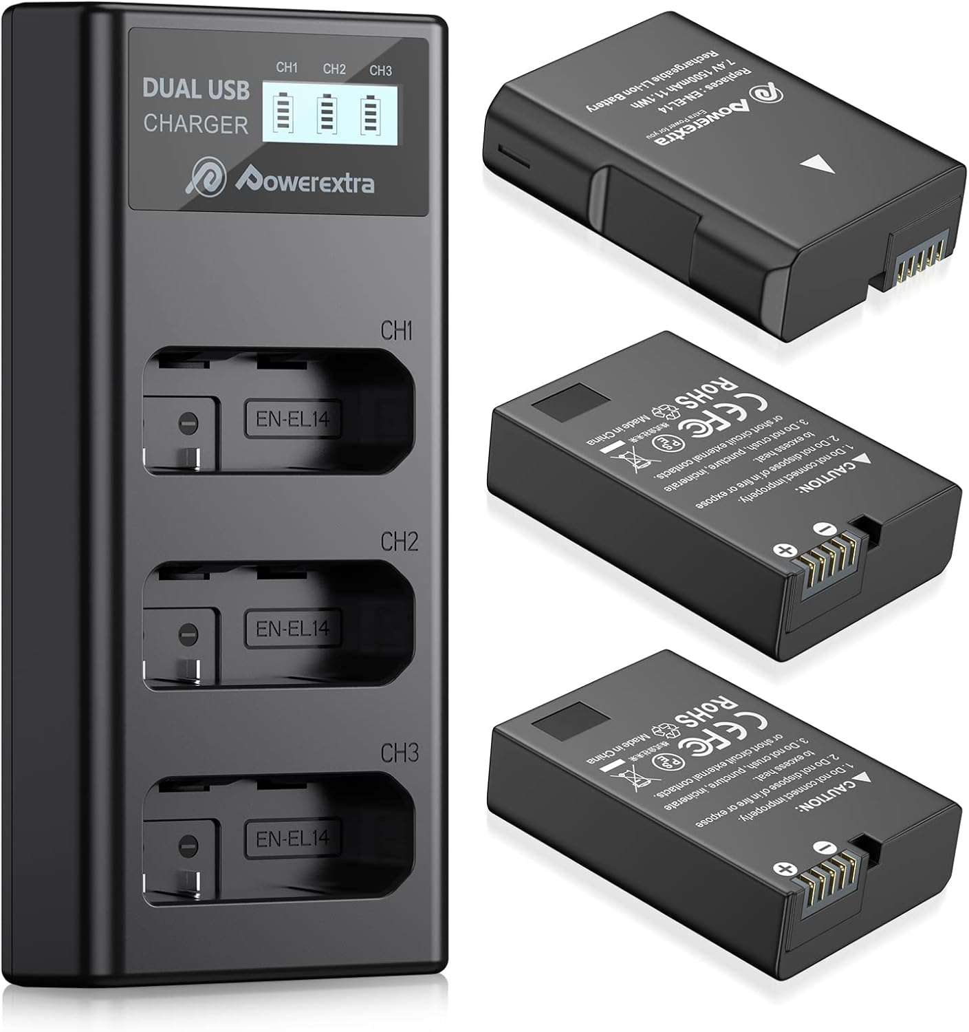 Powerextra 3 x EN-EL14 Batteries & LCD Charger for Nikon Cameras