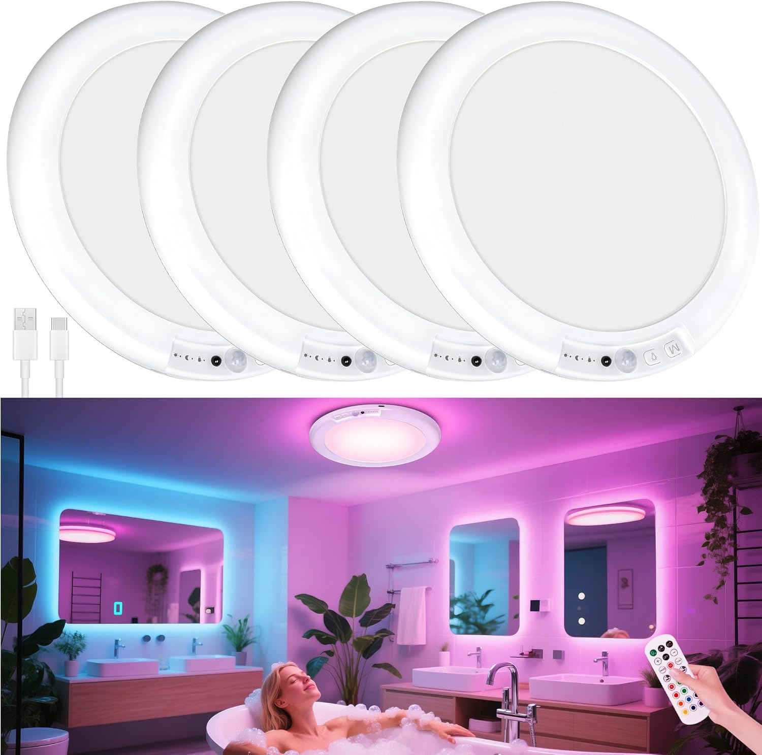 maylit Shower Lights 4 Pack - RGBW Rechargeable Ceiling Light
