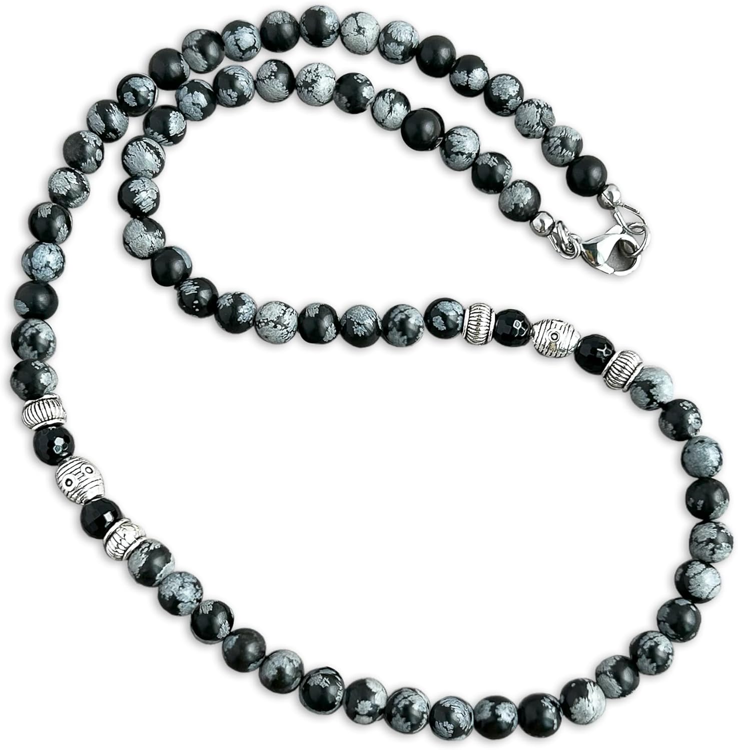 Men's Necklace with Snowflake Obsidian and Onyx Beads, 19ftin