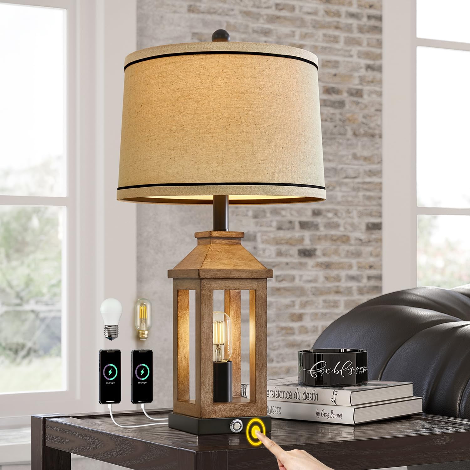 23.75 Farmhouse Table Lamps with USB Charging Ports and Dimming