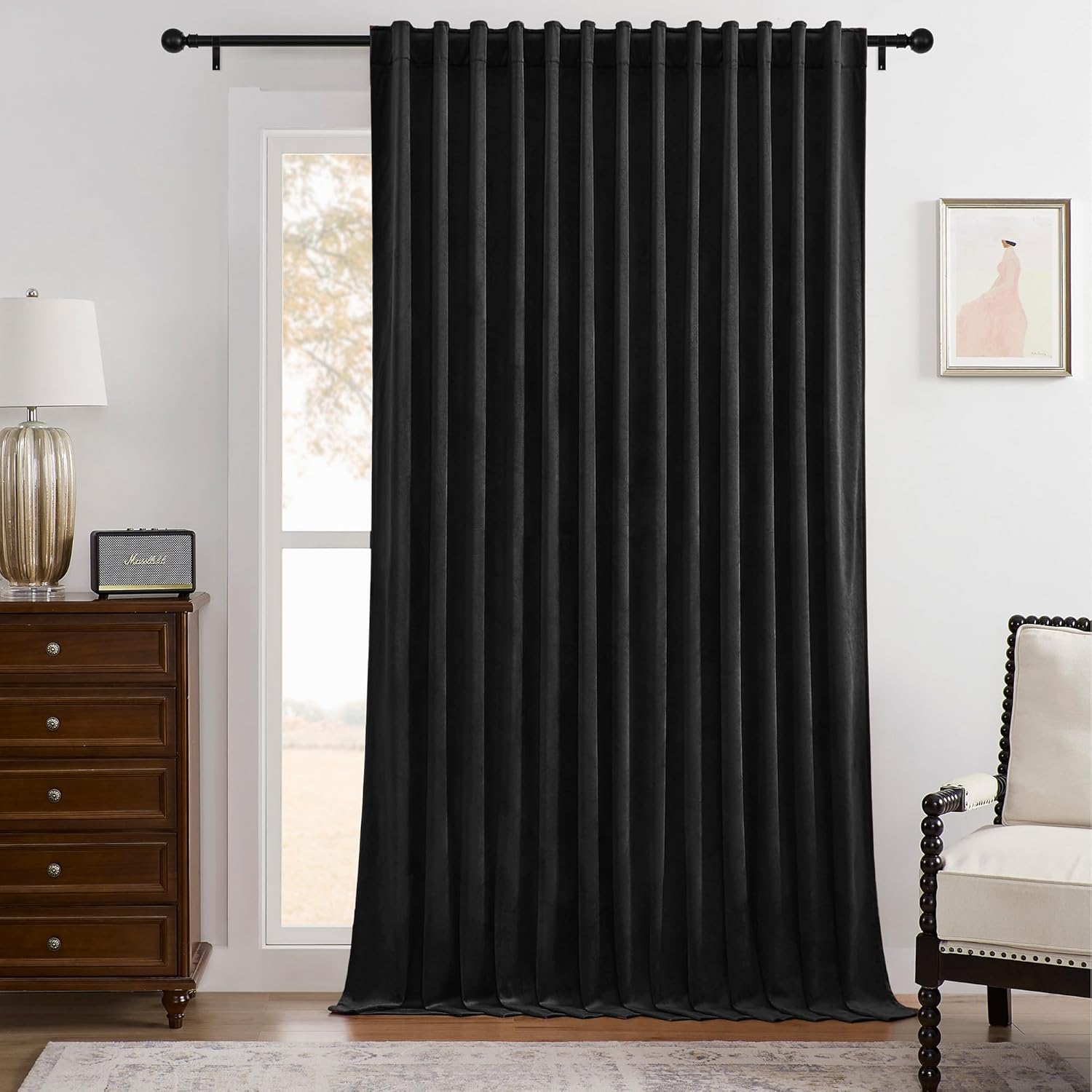 Timeper Black Velvet Curtain for Living Room Sliding Door