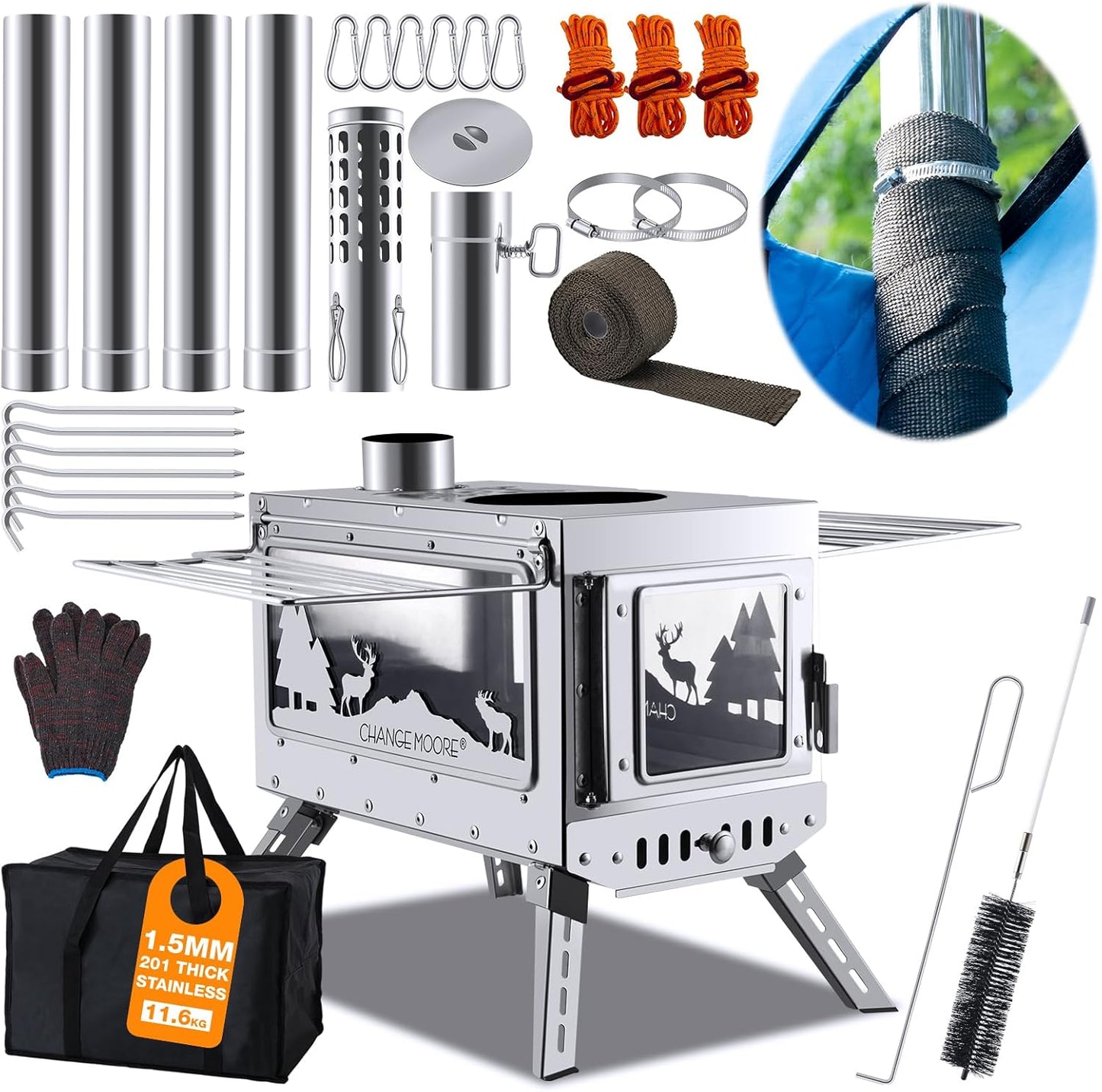 CHANGE MOORE Portable Wood Stove - High Temp Glass, Stainless Steel