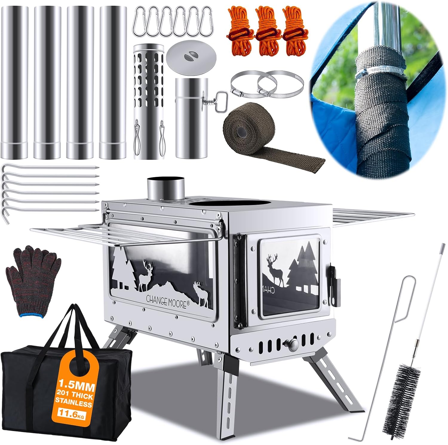 CHANGE MOORE Portable Wood Stove - High Temp Glass, Stainless Steel