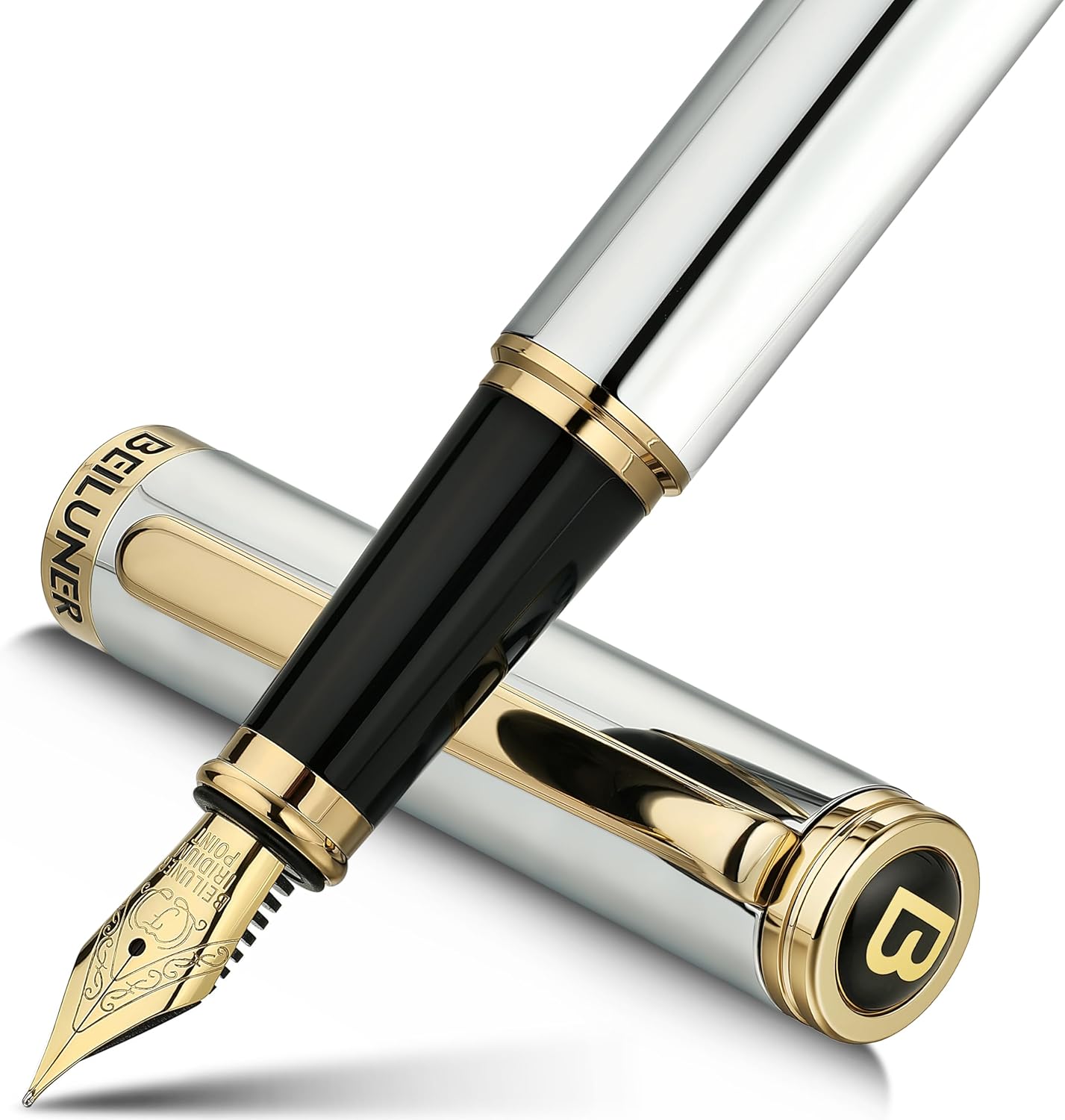 BEILUNER Silver Chrome Fountain Pen with 24K Gold Accents