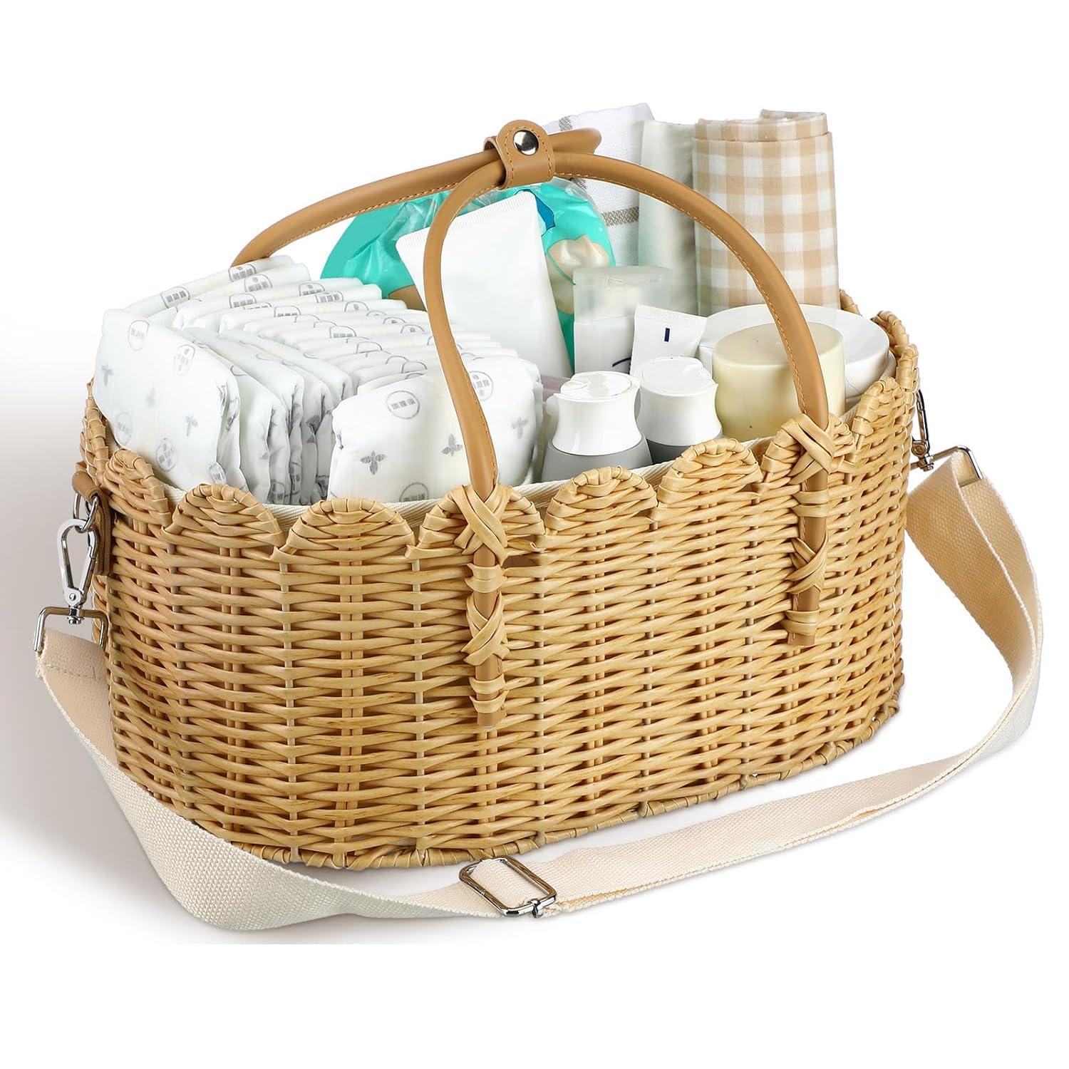 Baby Diaper Caddy Organizer with Rattan Basket and Strap