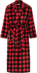Mens Hooded Plush Fleece Robe - Red Black Buffalo Check, Full Length