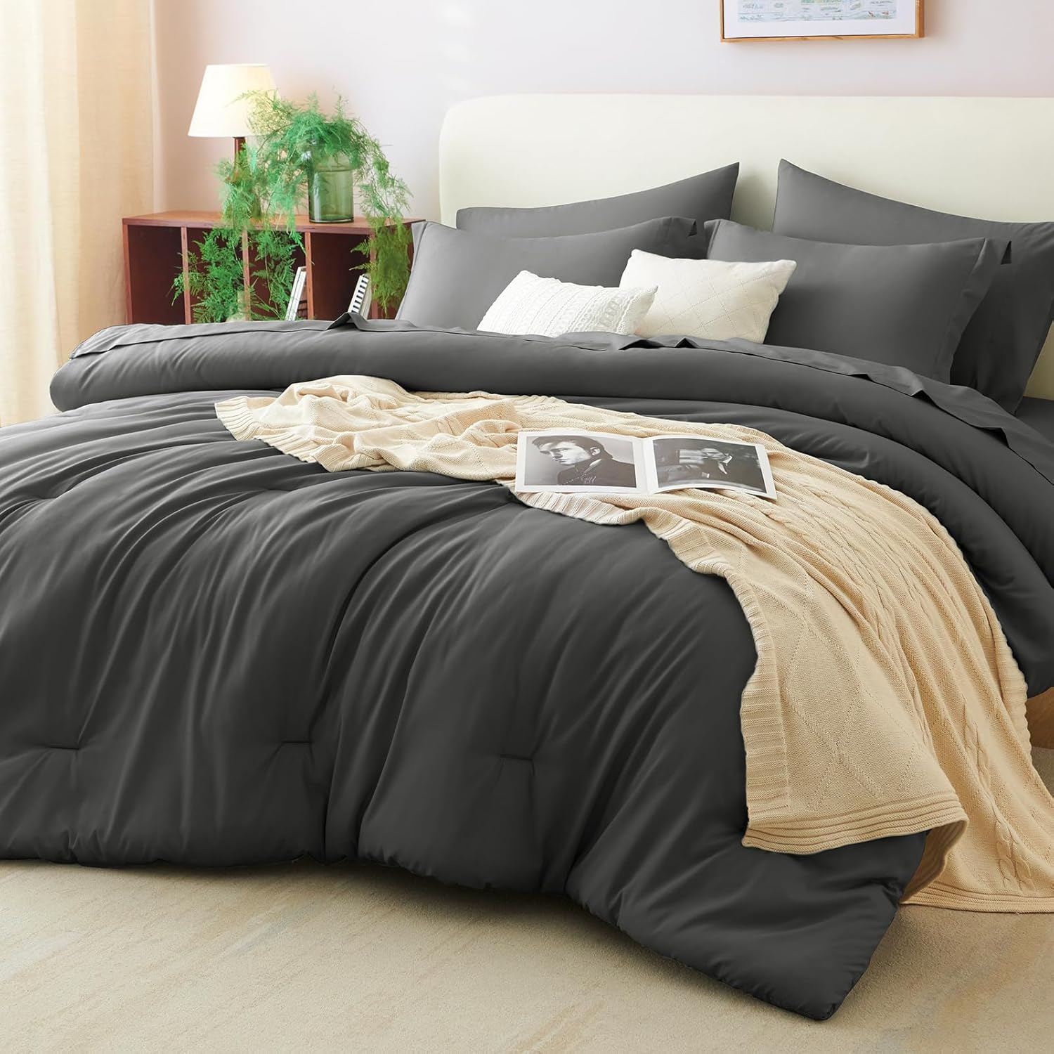 CozyLux King Size Comforter Set Dark Grey, 7 Pieces Bed in a Bag