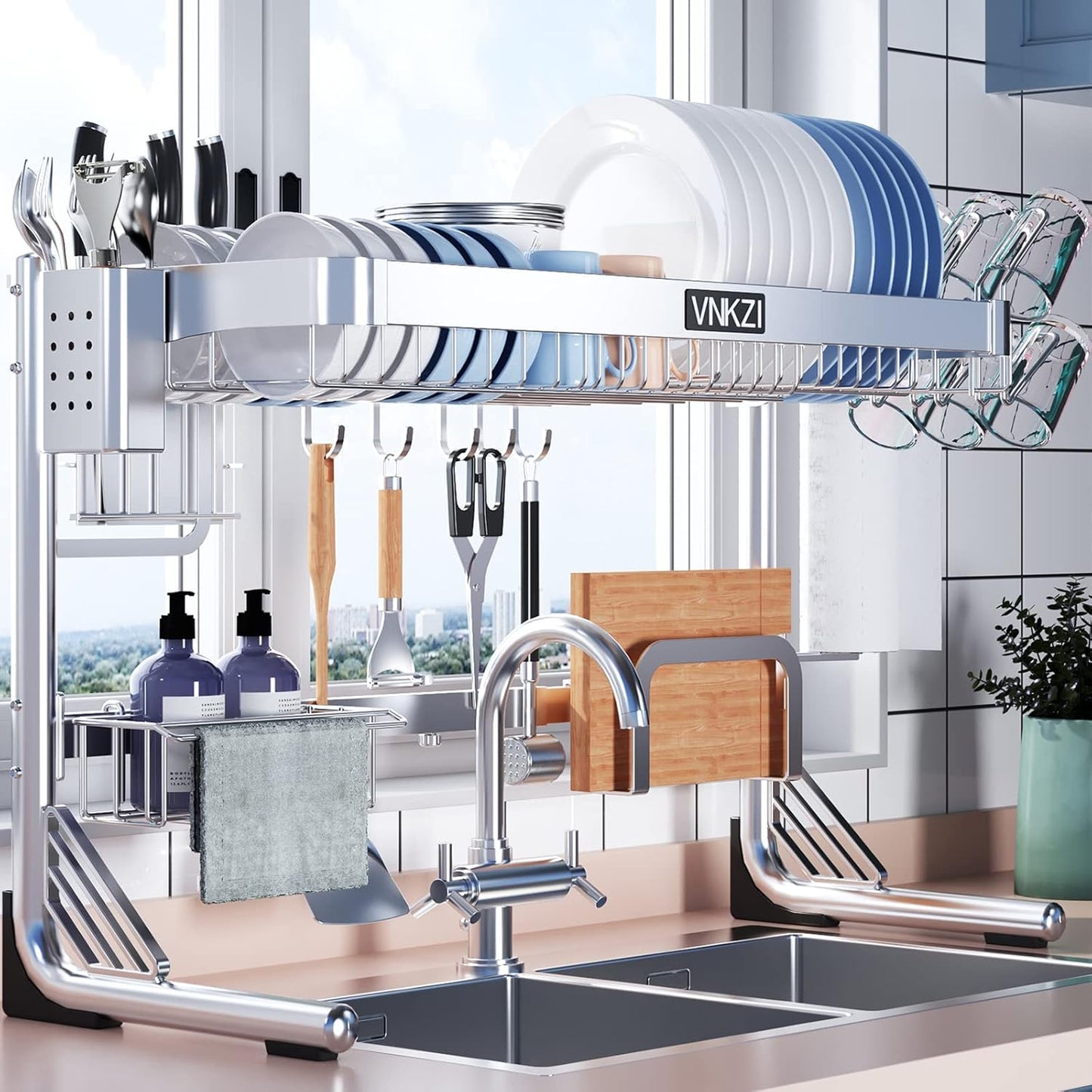 VNKZI Over Sink Dish Drying Rack - Adjustable Stainless Steel Design