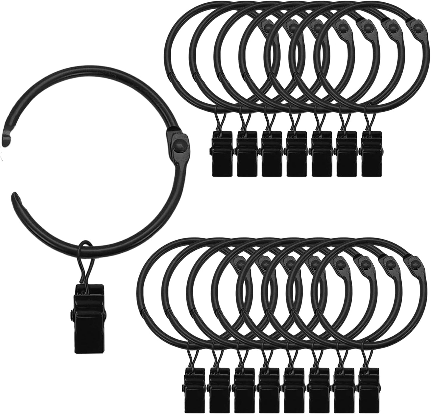 Set of 18 EOGOW Black 2 Curtain Rings with Clips - Easy Window Curtain Rod Hanging