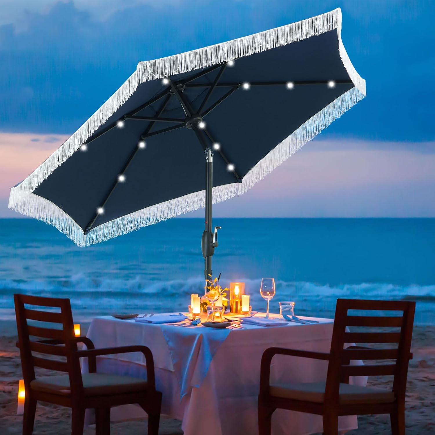 GDY 7.5 ft Fringe Patio Umbrella with 18 LED Solar Lights