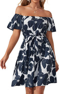 Womens Off Shoulder Ruffle Floral Short Skater Dress - Flowy A Line
