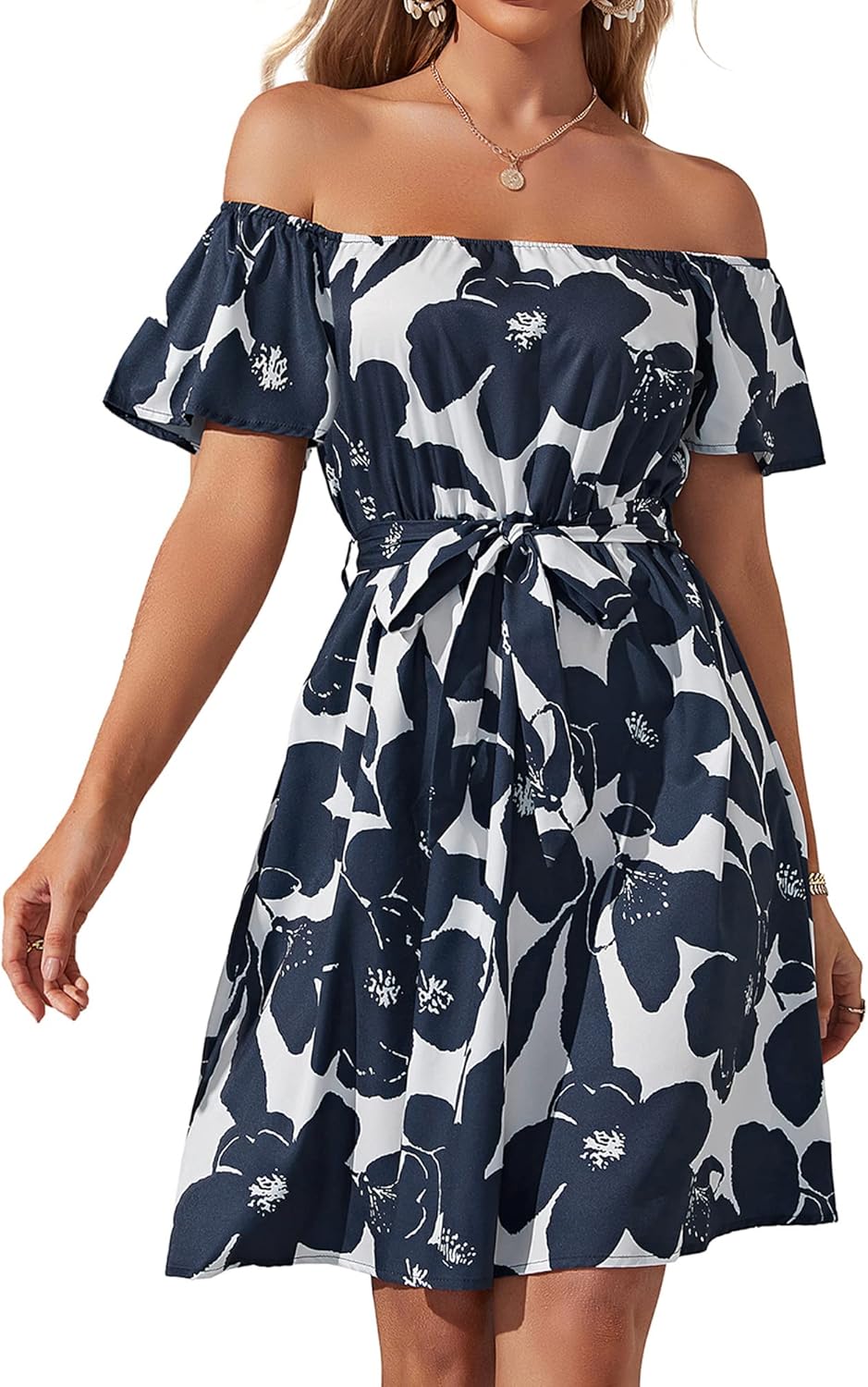 Womens Off Shoulder Ruffle Floral Summer Wedding Guest Dress