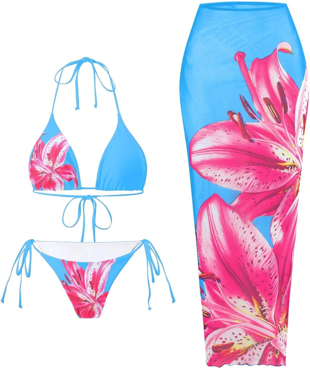 ZAFUL Womens 3pcs Swimsuit Floral Halter Triangle Bikini Set