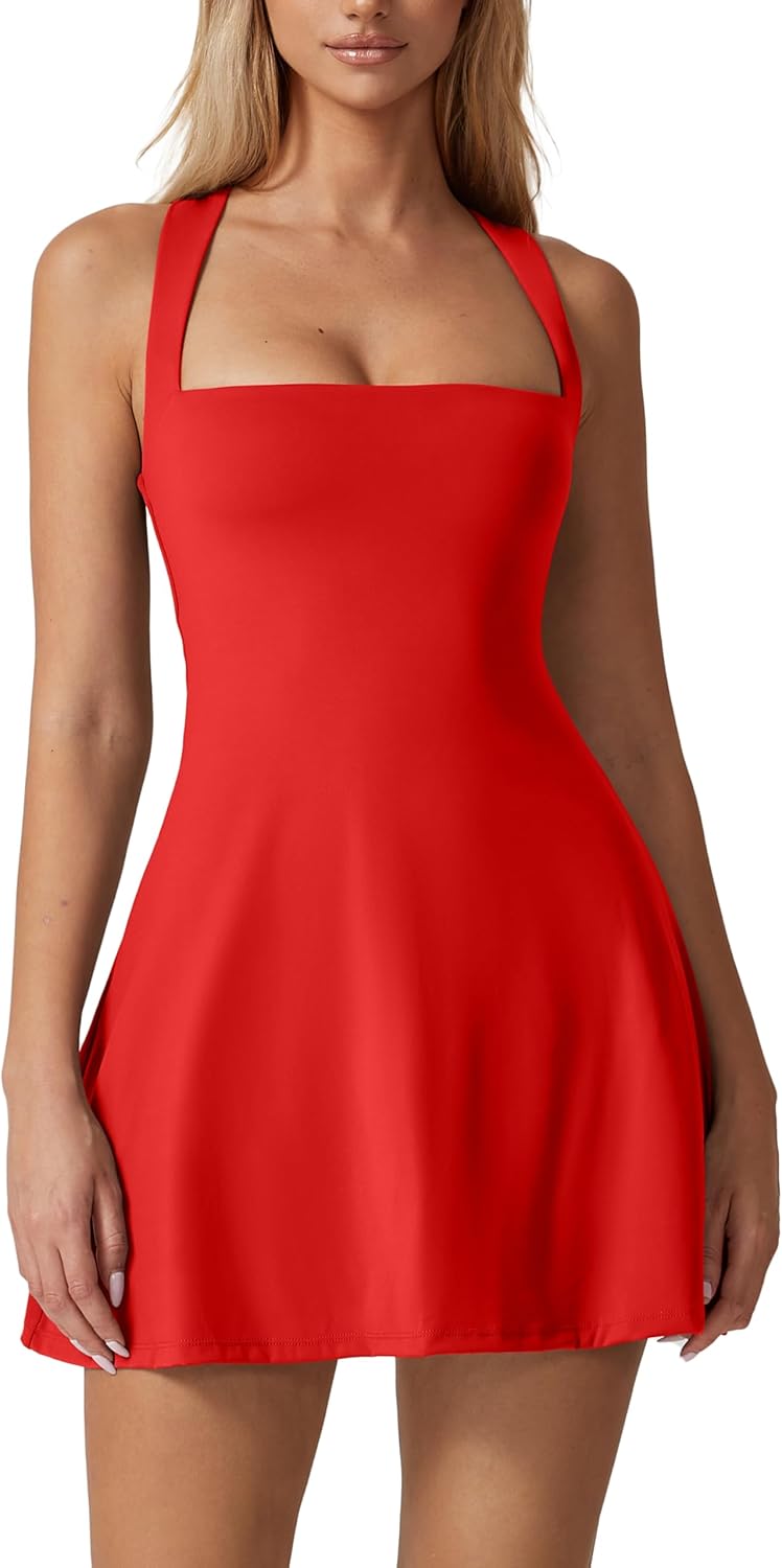 QINSEN Womens Square Neck Tennis Dress with Built-in Shorts
