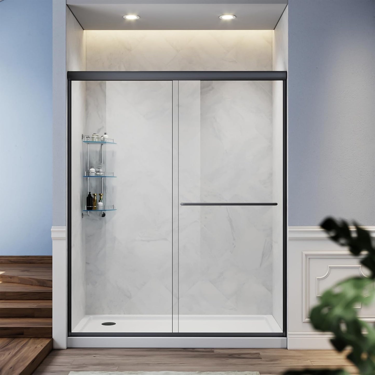 Frameless Double Sliding Shower Glass Door with Black Finish