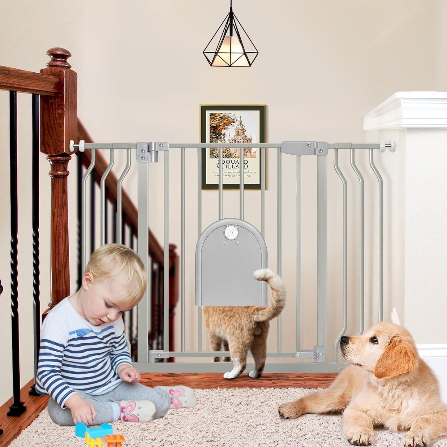 Auto Close Baby Gate for Stairs - Pet-Friendly & Convenient - 30-43.7 Wide - Gray