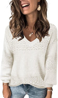 FEKOAFE Womens V Neck Hollow Knit Pullover Sweater - Lightweight Solor