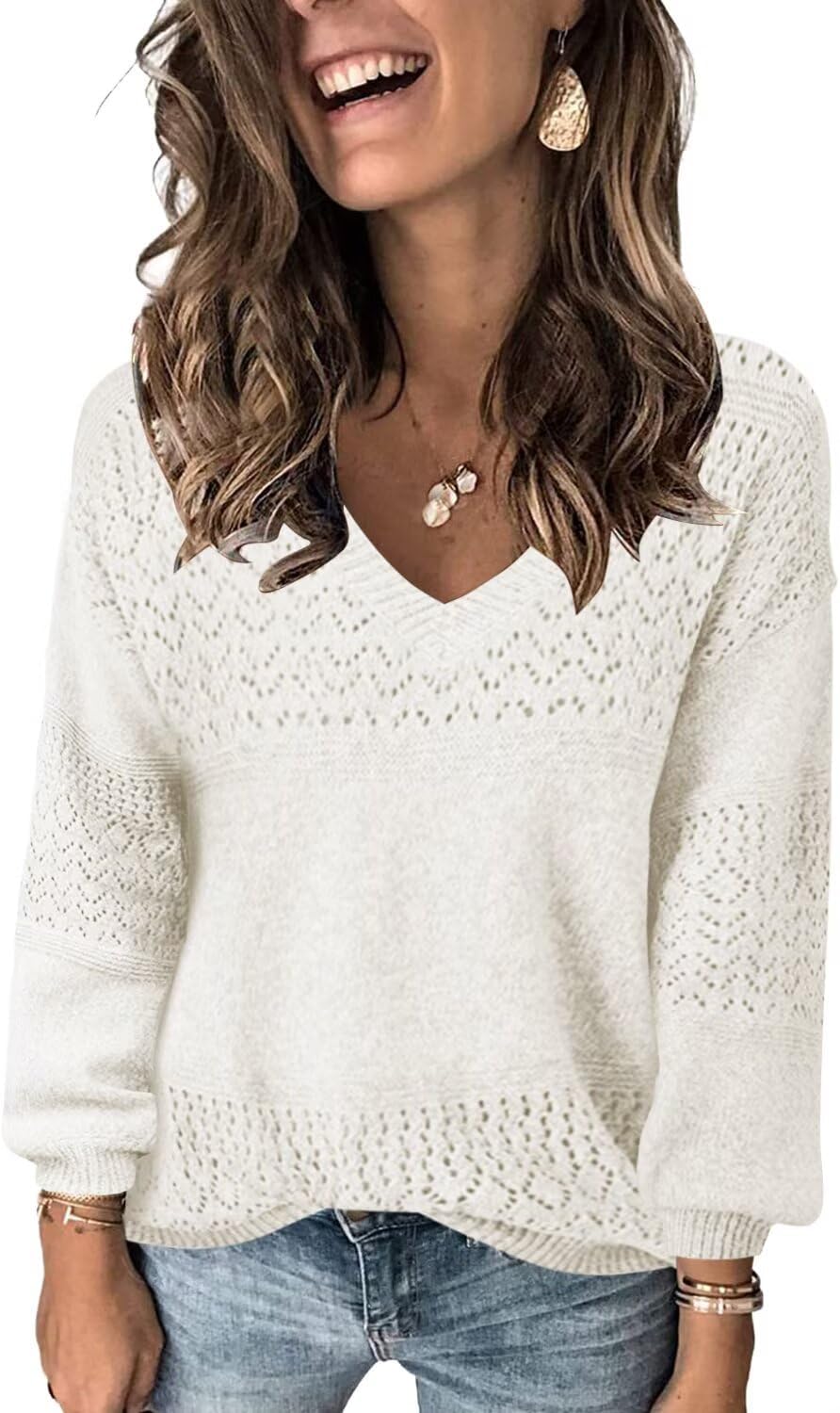 FEKOAFE Womens V Neck Long Sleeve Hollow Knit Pullover Sweater
