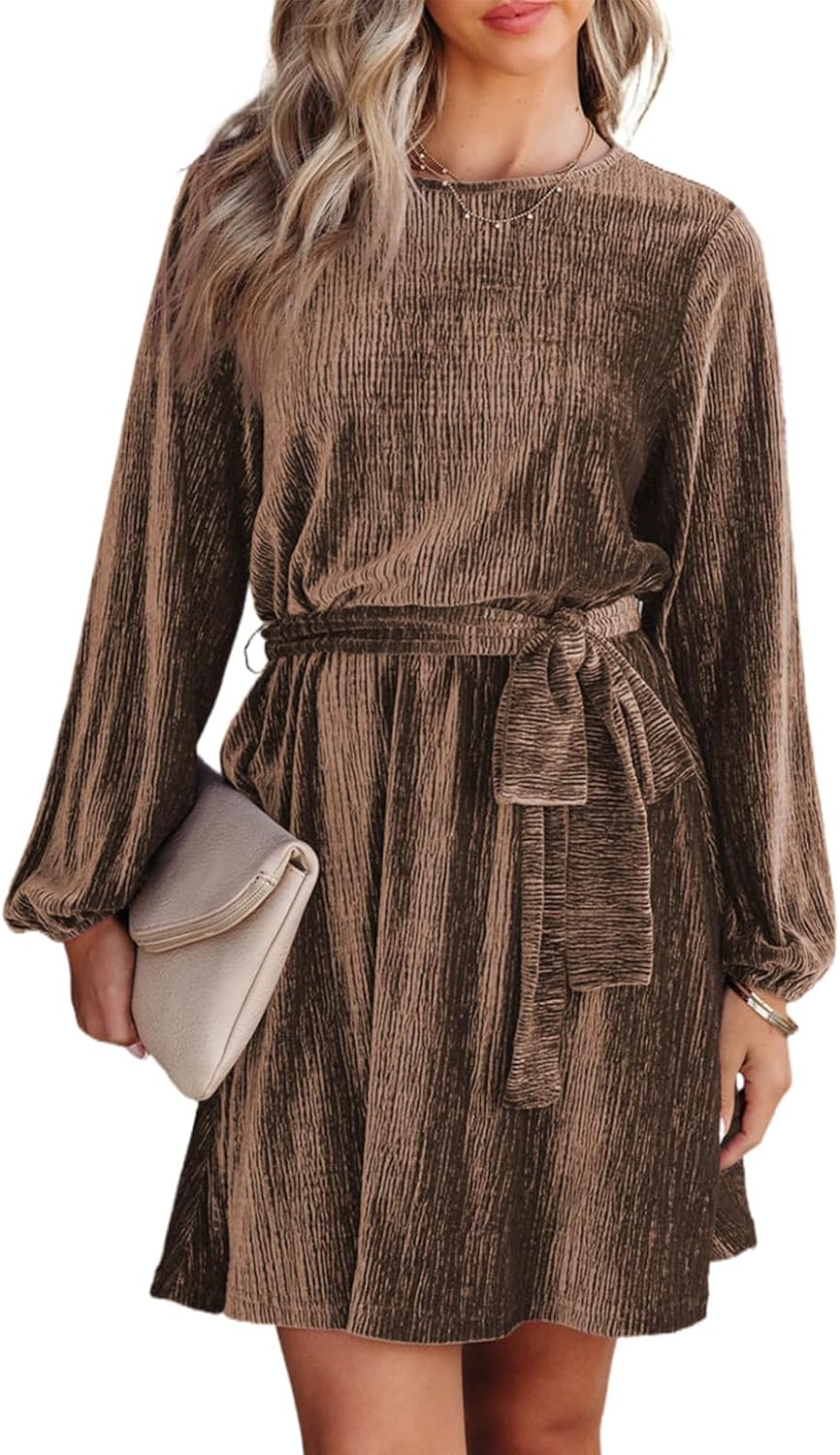 Stylish Velvet Dress for Women with Lantern Sleeves and Belt