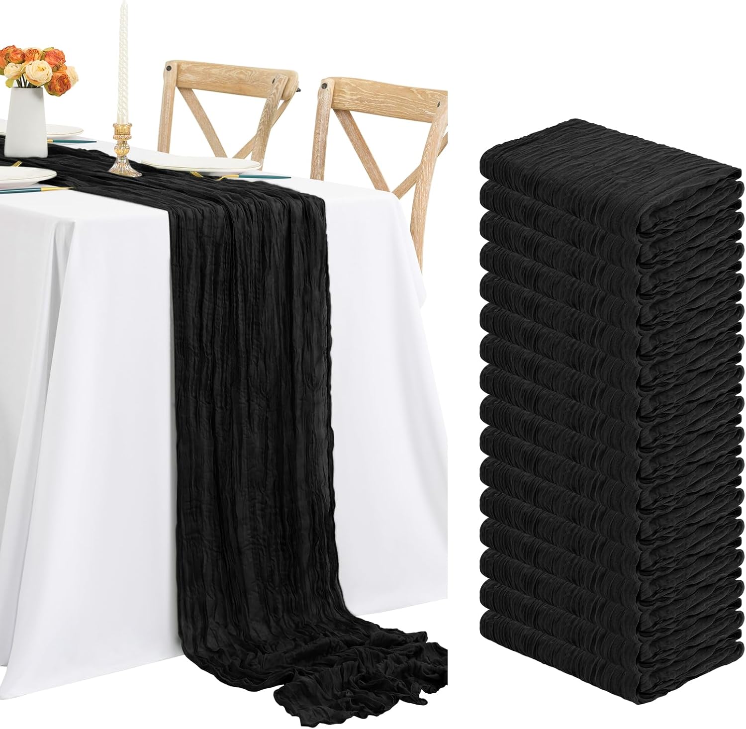 24 Pack Black Cheesecloth Table Runner for Rustic Boho Decor