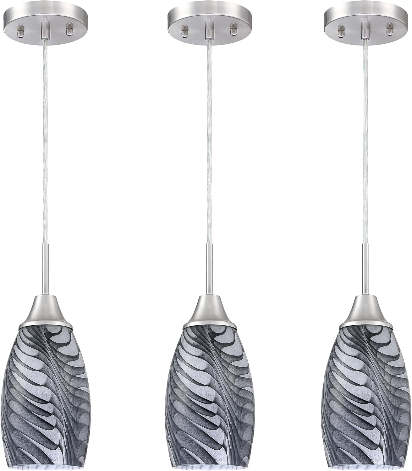 Mini Glass Pendant Light with Handblown Black Gray Marble Art