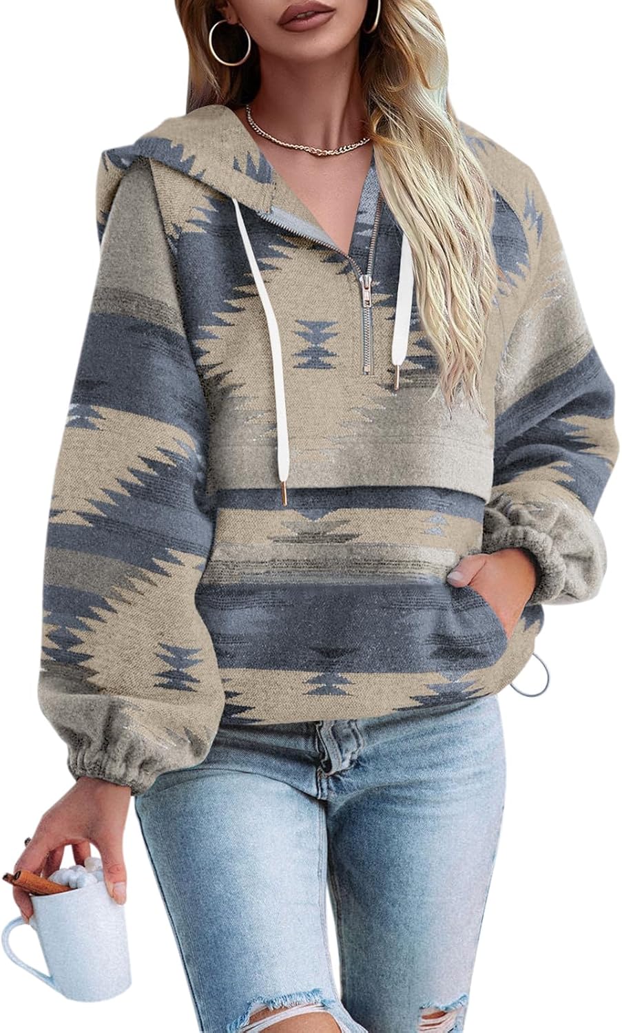 Fessceruna Womens Aztec Half Zip Up Hoodies for Cozy Style