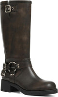 Knee High Riding Boots Women Square Toe Wide Calf - Vintage Buckle