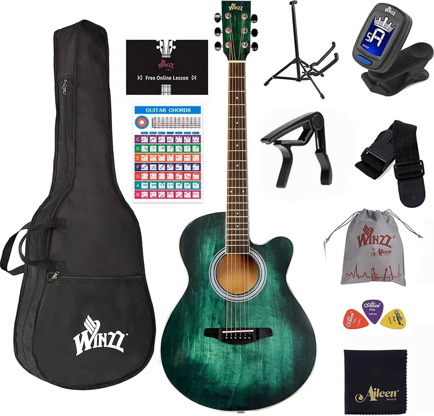WINZZ 40 Cutaway Acoustic Guitar Bundle - Online Lessons Included!